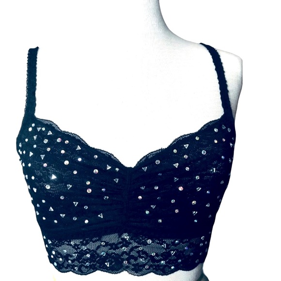 PINK NEW lace Aurora borealis crystal festival goblincore baddie bralette S - Picture 11 of 11